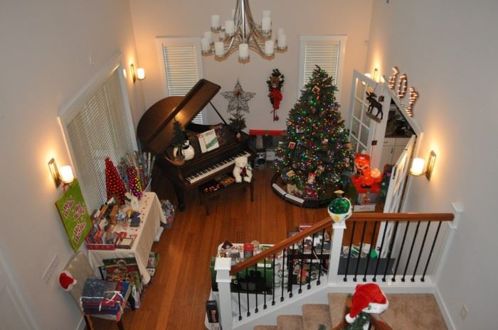 Beautiful Haddorff Parlor Grand Piano, lighted 7.5' Christmas tree, lots of ornaments, mostly NIB, Christmas wrapping paper/ribbon/gift boxes/gift bags, lighted JOY sign, Christmas decor, trains, lighted fox, and more!
