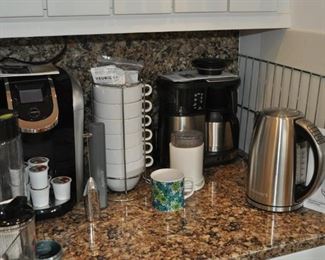 Takeya Drink Maker, Keurig coffee maker, nesting large set of coffee/tea cups in stand, Salton coffee grinder, Bonavita coffee maker, Cuisinart PerfecTemp electric tea kettle