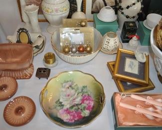 Frankoma, hand painted antique plates, Lenox, Belleek, milk glass vintage punch bowl, old colorized photos, frames