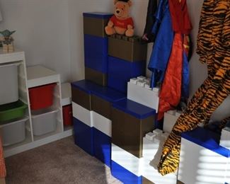 Everblock modular building blocks, Ikea Trofast storage systems, dinosaur lamp