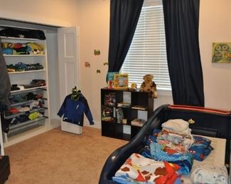 Boys rooms: clothing size 5-7, books, games, bedding, Little Tykes race car bed, dressers, bookshelves, toys