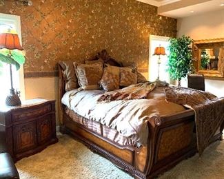 Gorgeous Bedroom Suite includes King Size Bed, Mattress, End Tables, Bachelors Chest, Dresser and Mirror all in Pristine Condition! Collezione Europea!