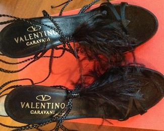 VALENTINO GARAVANI BLACK FEATHERS, SATIN, LEATHER LACE-UP OPEN-TOE SHOES: Size 36.5. Heel height: 4 ¼ inch satin heel. Long leather braided ties for versatile wear. Condition: Very good. Retail Value: $1,345. Price: $200.