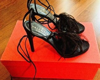 VALENTINO GARAVANI BLACK FEATHERS, SATIN, LEATHER LACE-UP OPEN-TOE SHOES: Size 36.5. Heel height: 4 ¼ inch satin heel. Long leather braided ties for versatile wear. Condition: Very good. Retail Value: $1,345. Price: $200.