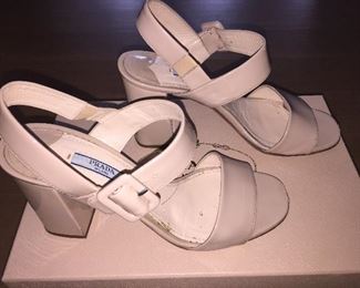 PRADA VERNICE CIPRIA NUDE BLOCK HEEL OPEN-TOE SANDAL: Size 37. Heel Height: 3 inches. From 2019 summer collection. Made in Italy. Condition: Scratches, scuffs, knicks and wear throughout. Retail Value: $600. Price: $100.