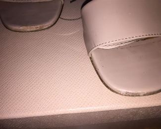 PRADA VERNICE CIPRIA NUDE BLOCK HEEL OPEN-TOE SANDAL: Size 37. Heel Height: 3 inches. From 2019 summer collection. Made in Italy. Condition: Scratches, scuffs, knicks and wear throughout. Retail Value: $600. Price: $100.