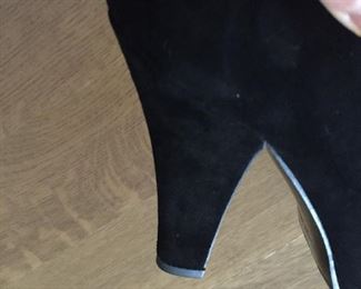 MIU MIU BLACK SUEDE PUMPS: Size: 37. Heel Height: 4.5 inches. Condition: Very good. Shoe runs big for Size 7 so pads were inserted in shoe bottom and around back. Price: $100.