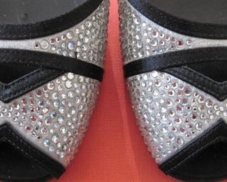 VALENTINO GARAVANI RHINESTONES ON SILVER SATIN, TRIMMED IN BLACK SATIN: Size 37. Heel height: Black satin 4 inch heel. Condition: Very good. $200.