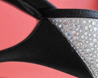 VALENTINO GARAVANI RHINESTONES ON SILVER SATIN, TRIMMED IN BLACK SATIN: Size 37. Heel height: Black satin 4 inch heel. Condition: Very good. $200.