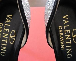 VALENTINO GARAVANI RHINESTONES ON SILVER SATIN, TRIMMED IN BLACK SATIN: Size 37. Heel height: Black satin 4 inch heel. Condition: Very good. $200.