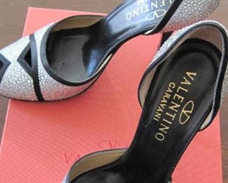 VALENTINO GARAVANI RHINESTONES ON SILVER SATIN, TRIMMED IN BLACK SATIN: Size 37. Heel height: Black satin 4 inch heel. Condition: Very good. $200.