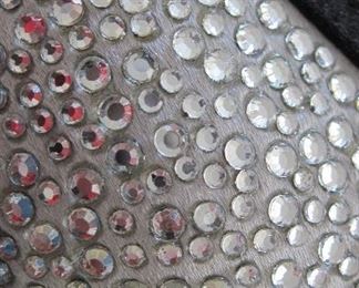 VALENTINO GARAVANI RHINESTONES ON SILVER SATIN, TRIMMED IN BLACK SATIN: Size 37. Heel height: Black satin 4 inch heel. Condition: Very good. $200.