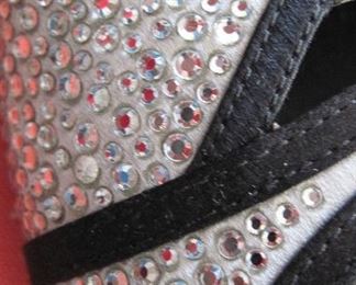 VALENTINO GARAVANI RHINESTONES ON SILVER SATIN, TRIMMED IN BLACK SATIN: Size 37. Heel height: Black satin 4 inch heel. Condition: Very good. $200.