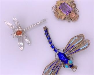 Sterling silver and enamel dragonfly pins, gold filled amethyst brooch.