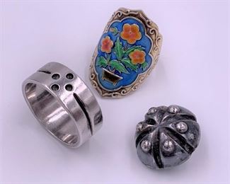Kalo silver band, Spratling button, Chinese enamel and silver ring