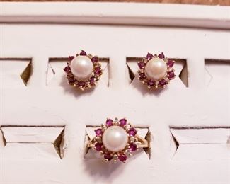14k Yellow Gold Ruby Diamond Pearl Earrings                             14k Yellow Gold Ruby Diamond Pearl Ring            