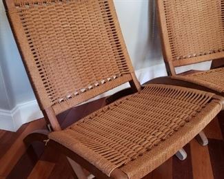 Rare Vintage Mid Century Wood & Rope Folding Lounge Chairs with Ottoman in Style of Hans Wegner