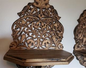 Pair of Large Ornate Wood Carved Sconce Shelves - India