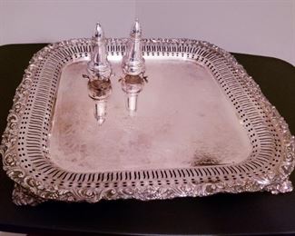 Crown Sterling Silver Salt & Pepper                                                                   Silverplated Webster Wilcox Footed Slotted Rim Tray 