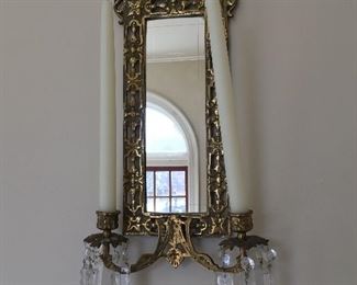 PAIR OF MIRRORED, BRASS & CRYSTAL SCONCES