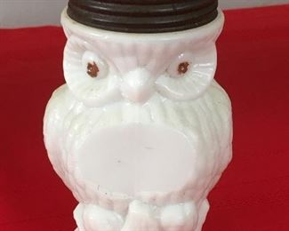 FIGURAL MILK GLASS OWL WITH EMBOSSED EAGLE LID