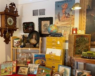 ANTIQUE CLOCK, CHILDREN'S PUZZELS, ADVERTISING TRAYS, DISNEY AND PINUPS