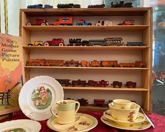 VINTAGE CHILDREN'S DISHES AND CAST IRON TRAINS