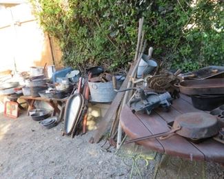 Enamelware, farm equipment, crocks.