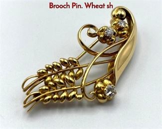 Lot 40 18K Gold GEORG JENSEN 350 Diamond Brooch Pin. Wheat sh