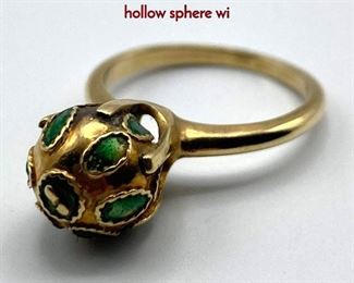 Lot 55 14K Gold Enamel Ball Ladies Ring. Gold hollow sphere wi