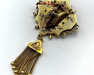 Lot 57 Gold Victorian Brooch Pin Pendant. Crest Form with Tass