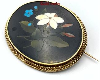 Lot 58 Italian Floral Pietra Dura Framed Brooch Pin. Gold meta