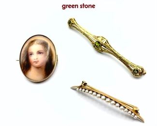 Lot 67 3pc 14K Gold Pins Brooches. 1 Bar Pin with green stone