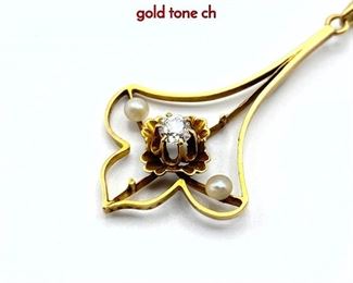 Lot 70 14K Gold Diamond seed pearl lavaliere on gold tone ch