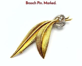 Lot 72 DANFRERE 14K Gold Diamond Leaf Brooch Pin. Marked.
