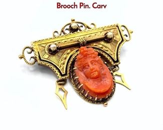 Lot 76 14K Victorian Carved Coral Cameo Gold Brooch Pin. Carv