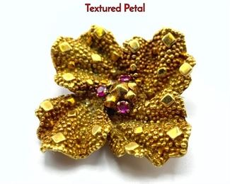 Lot 85 TIFFANY 18K Gold Ruby Floral Brooch Pin. Textured Petal