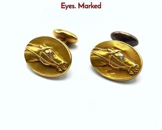 Lot 89 Pr 14K Gold Horse Head Cuff Links. Diamond Eyes. Marked