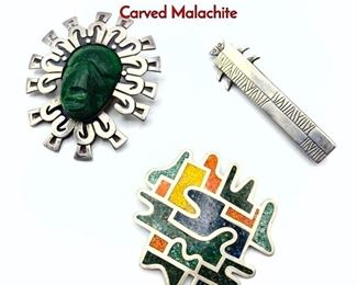 Lot 131 3pc Sterling Silver Brooches. Vintage. Carved Malachite