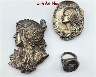 Lot 135 3pc Sterling Art Nouveau Jewelry. Two pins with Art Nou