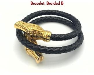 Lot 144 18K Gold Leather OTC Alligator Head Bracelet. Braided B