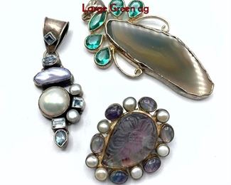Lot 152 Lot 3 Sterling Silver Gemstone Pendants. Large Green ag