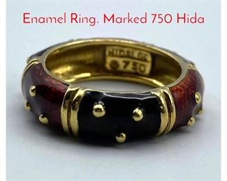 Lot 98 18K Gold HIDALGO Black Red Enamel Ring. Marked 750 Hida