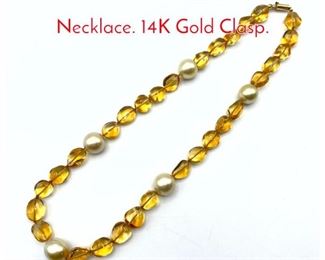 Lot 99 Tumbled Citrine Bead Pearl Necklace. 14K Gold Clasp.