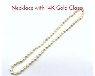 Lot 103 Hand knotted Pearl Bead Necklace with 14K Gold Clasp.