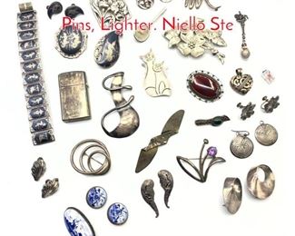 Lot 168 27pc Sterling Lot. Brooches, Pins, Lighter. Niello Ste