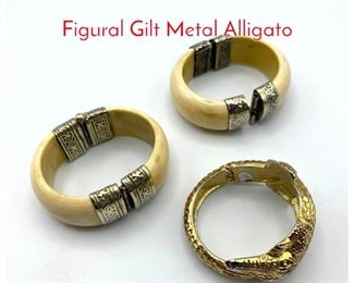 Lot 215 3pc Costume Cuff Bracelets. Figural Gilt Metal Alligato