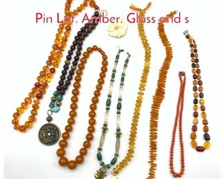 Lot 219 9pc Beaded Necklace, Carved Pin Lot. Amber. Glass and s