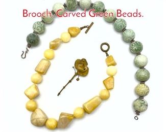 Lot 243 3pc Heavy Beaded Necklaces, Brooch. Carved Green Beads.