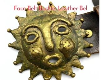 Lot 249 EMAUS Brutalist Brass Sun Face Belt Buckle. Leather Bel